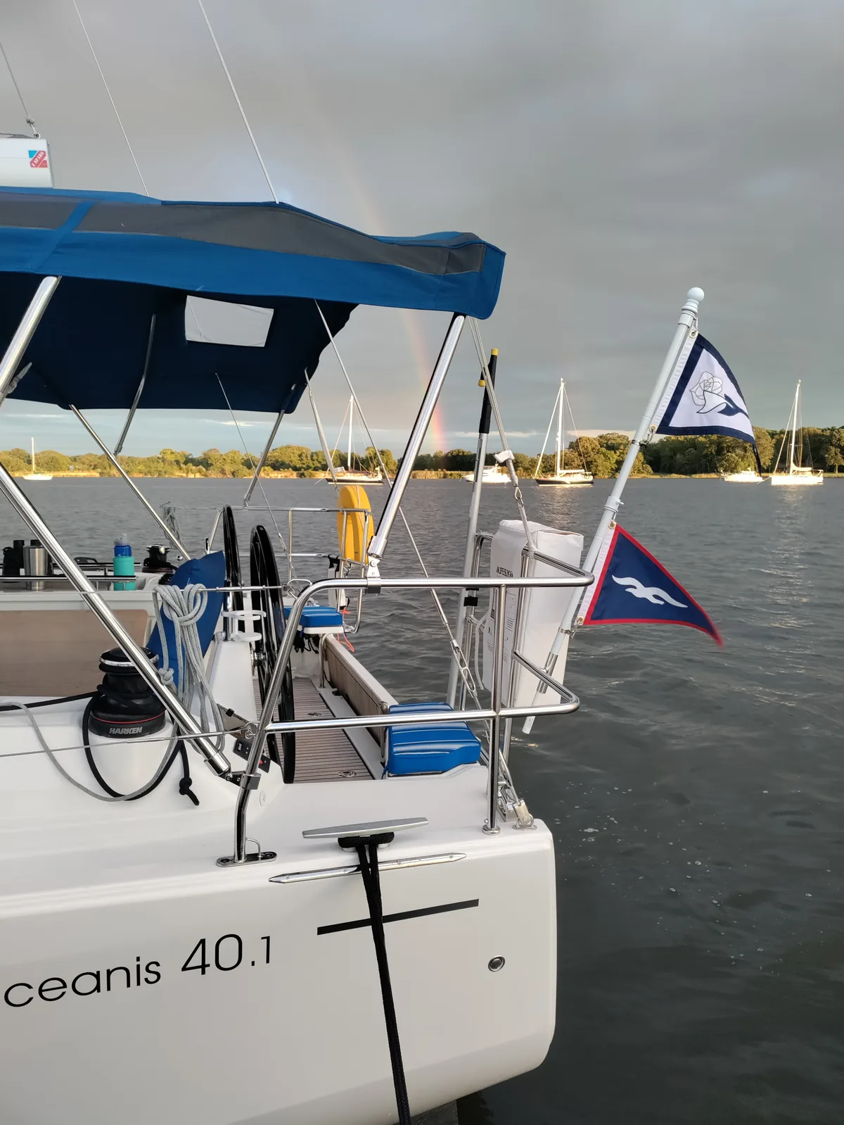 Stern-quarter detail of Zut Alors showing the Oceanis 40.1 model marking.