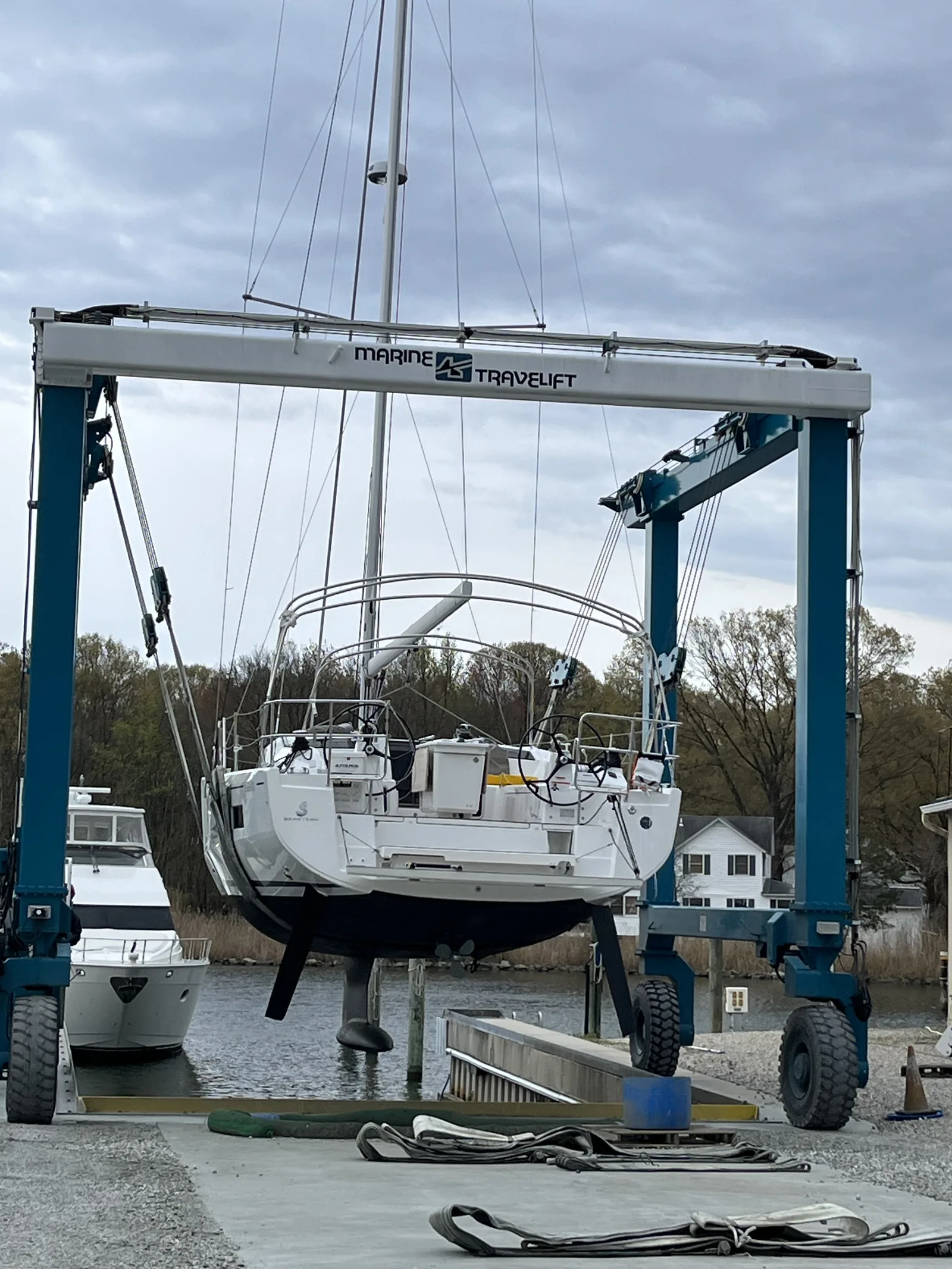 Zut Alors ashore in a travel lift during maintenance.